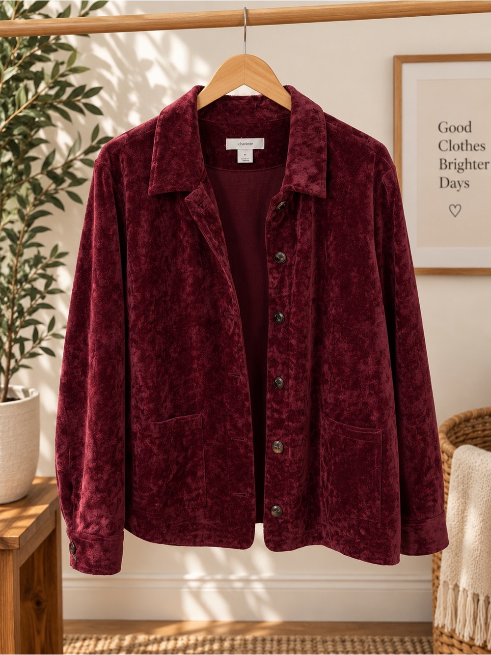 CJ Banks 1X Burgundy Velour Button Front Shirt Jacket Plus Size
